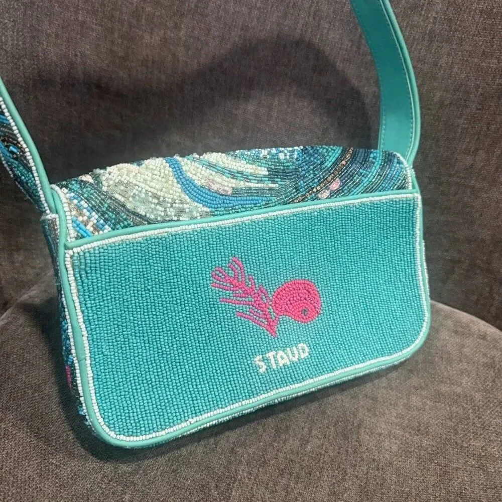 STAUD Beaded Tidal Wave Tommy Shoulder Bag Blue SAMPLE New
